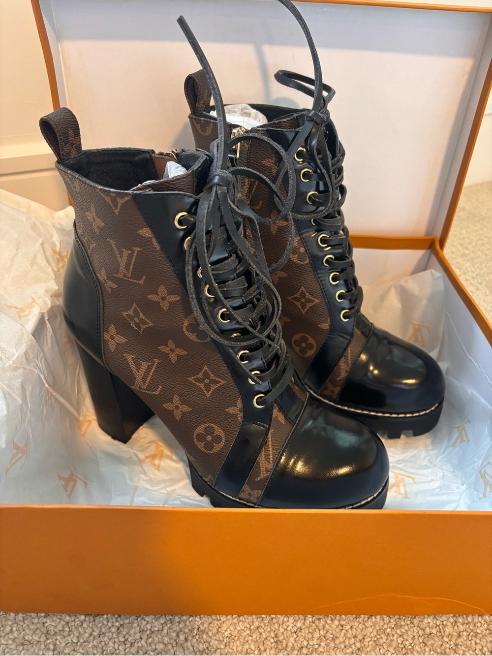 Louis Vuitton Brown Monogram Lace-Up Leather Block Heel Ankle Boots